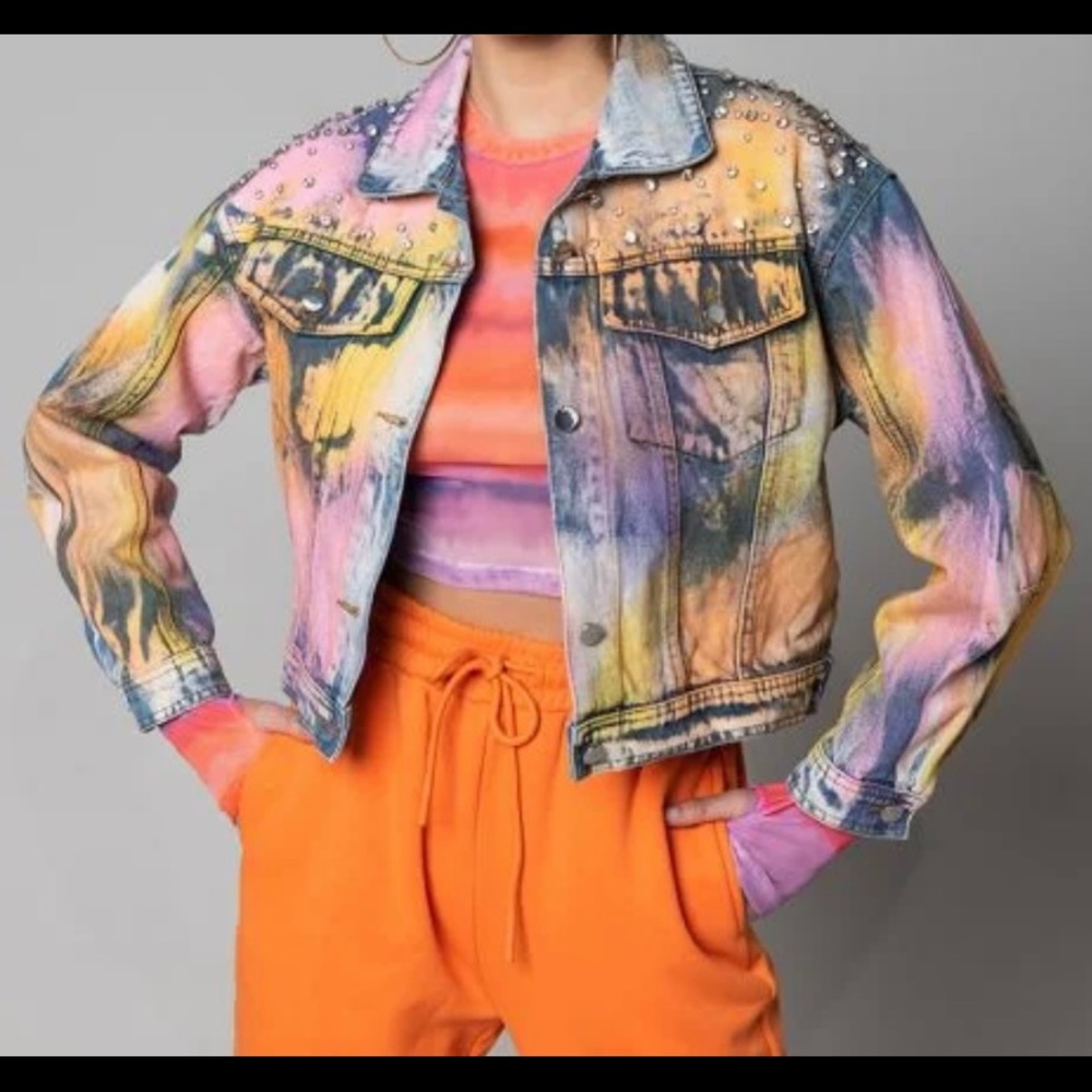 Akira RHINESTONE DETAIL DENIM JACKET tie dye